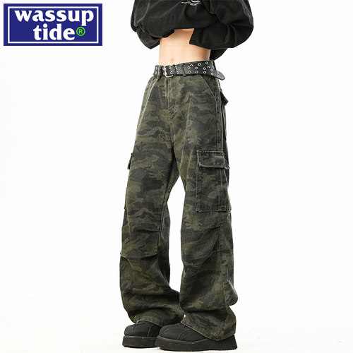 wassup tide美式迷彩工装牛仔裤男春季新款潮牌宽松直筒伞兵裤子