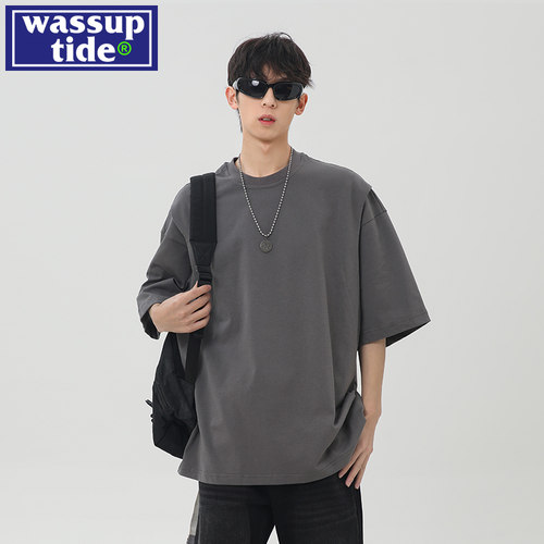 WASSUP tide美式解构灰色短袖t恤男款夏季薄潮牌五分半袖休闲体恤