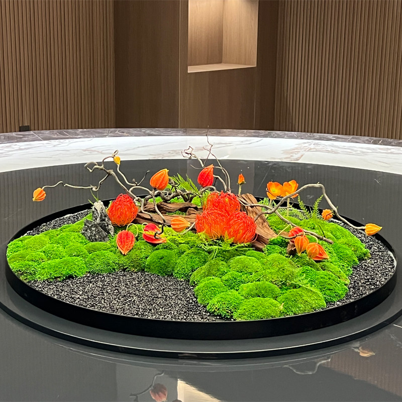 酒店餐厅转盘摆件大圆桌中间装饰花中式桌景摆设餐厅桌面沙盘景观