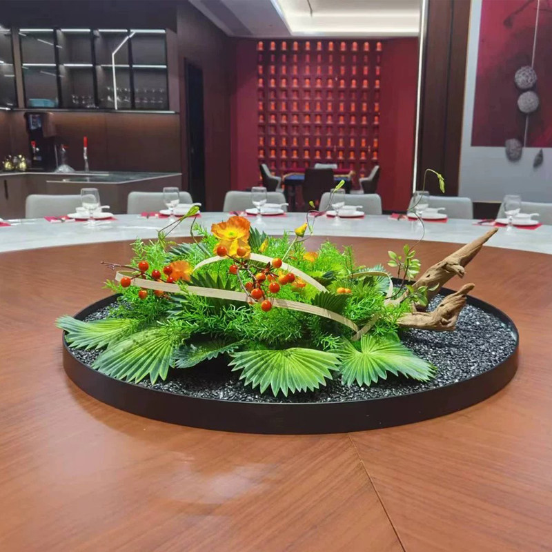 酒店餐桌花摆盘装饰花草餐厅桌面创意摆件包间大圆桌转盘仿真假花