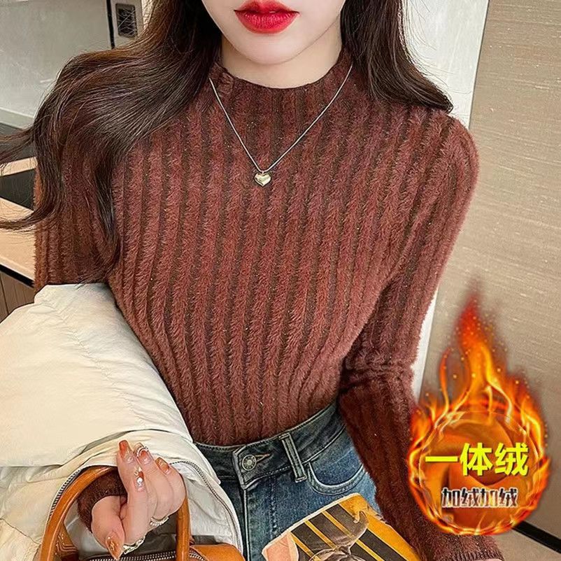软糯毛衣女秋冬季高级感一体仿水貂绒半高圆领打底衫内搭保暖上衣
