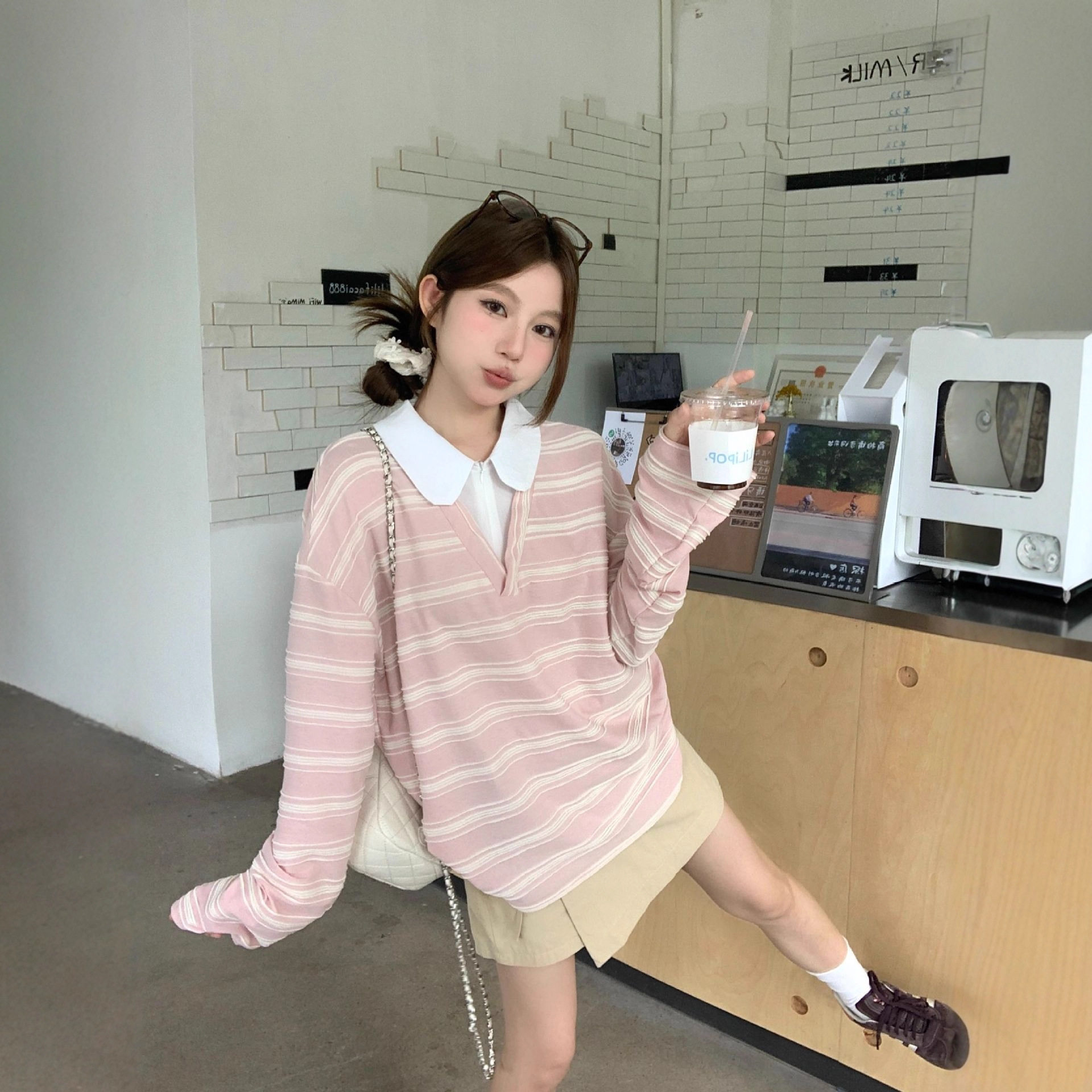 2025新款甜美风假两件条纹长袖T恤女装秋季宽松显瘦减龄粉色上衣