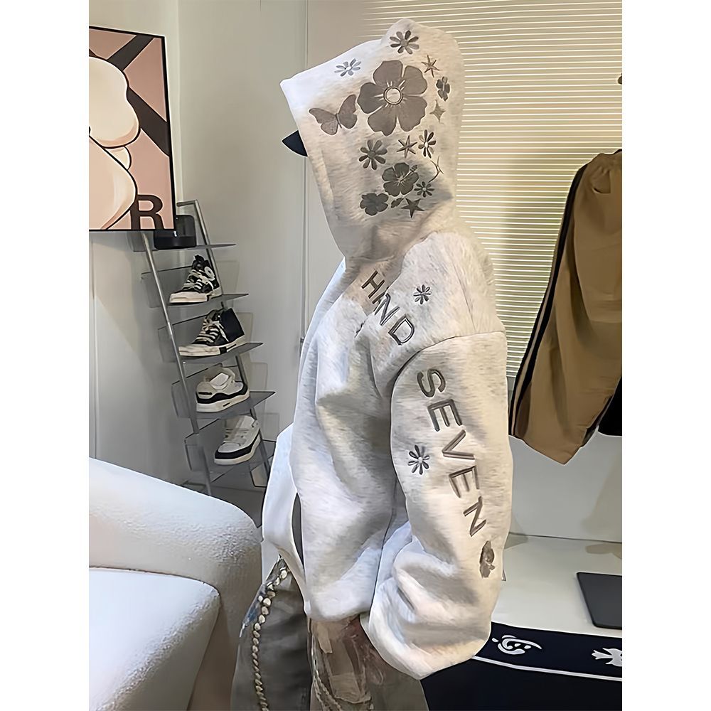 美式高街帽子花卉刺绣连帽卫衣女秋冬加绒加厚宽松慵懒风情侣