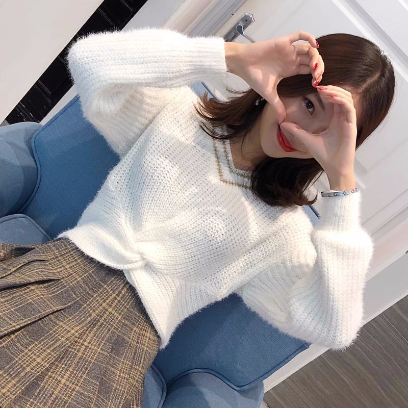 秋冬新款学生洋气百搭v领女士毛衣拼色宽松外穿套头针织打底衫