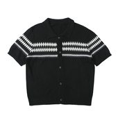 纽扣短袖 TZkiller JacquardWool提花条纹翻领宽松羊毛开衫 男女T恤