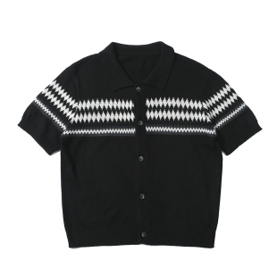 男女T恤 纽扣短袖 TZkiller JacquardWool提花条纹翻领宽松羊毛开衫