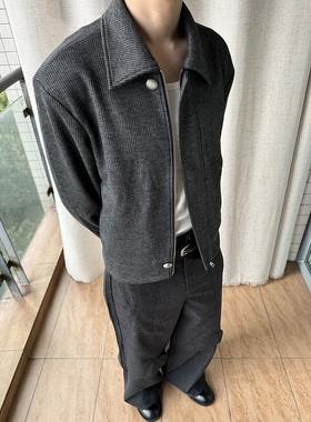 【TZ killer】条纹宽松灰色百搭廓形夹克外套 纽扣通勤长袖上衣