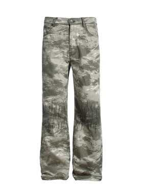 【TZ killer】迷彩美式休闲裤 微喇直筒宽松百搭通勤刺绣阔腿长裤