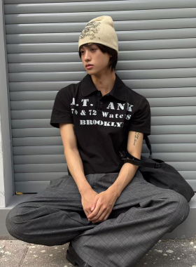 【TZ killer】美式印花水洗做旧修身正肩短袖 百搭通勤polo衫T恤