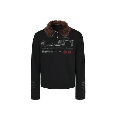 TZ killer「暗序」毛领拆卸polo衫 黑色复古长袖T恤打衫底男女