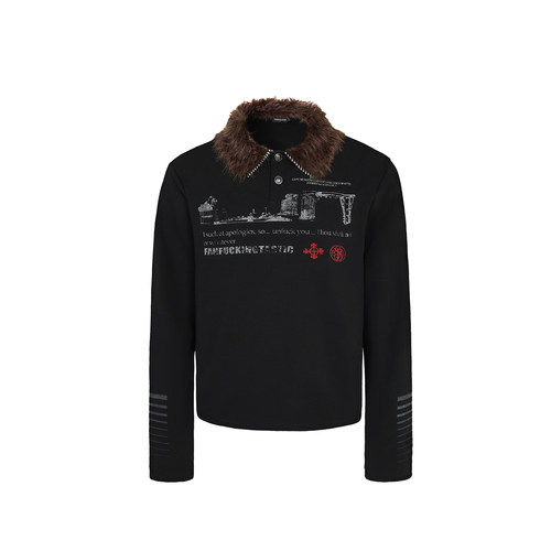 TZ killer「暗序」毛领拆卸polo衫 黑色复古长袖T恤打衫底男女