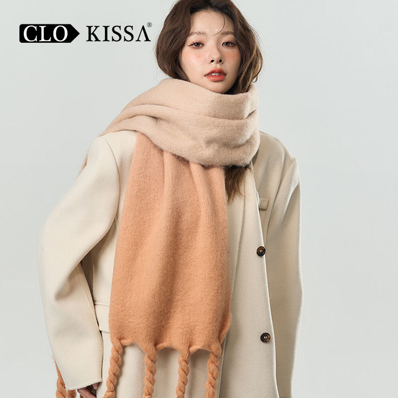 CLO KISSA渐变流苏马海毛围巾女冬季加厚保暖韩版百搭格子围脖男