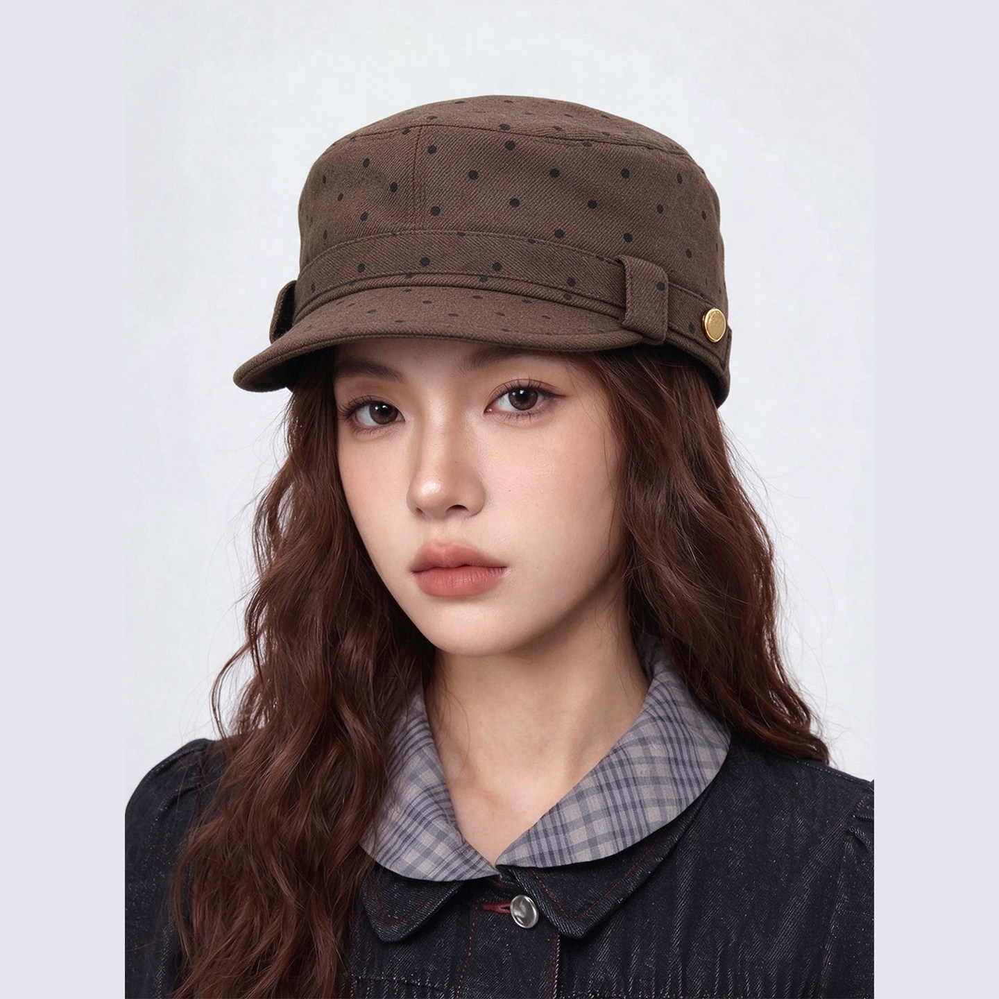 秋冬复古波点平顶马术鸭舌帽女