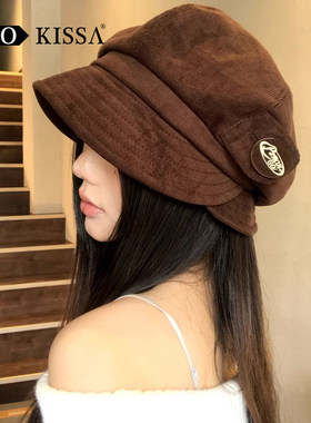 复古灯芯绒八角帽女秋冬季