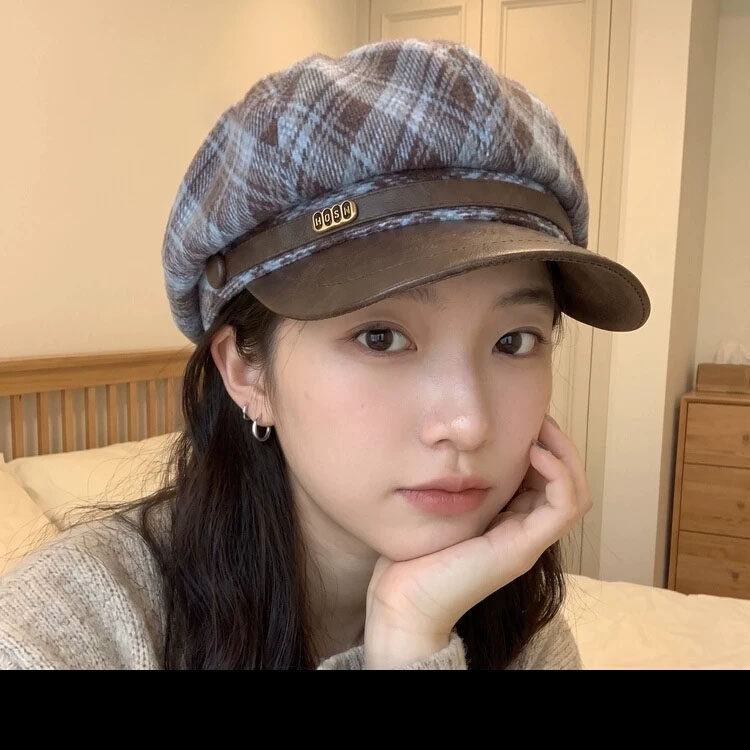 巨好看蓝棕~新款秋冬毛呢格纹复古贝雷帽女ins气质时尚百搭八角帽