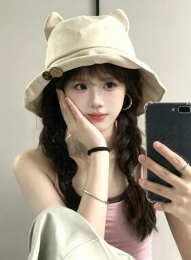 日系猫耳双面戴防晒渔夫帽女款
