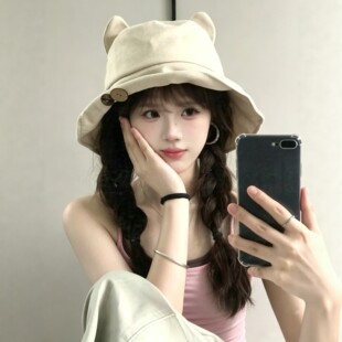 日系猫耳朵双面戴渔夫帽女款夏季百搭显脸小盆帽出游防晒遮阳帽子