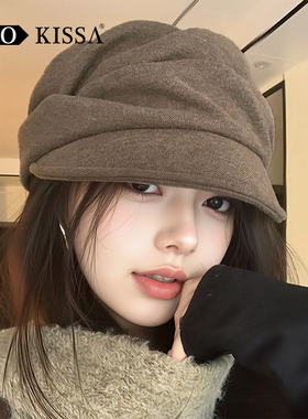 复古褶皱鸭舌帽女秋冬马术帽