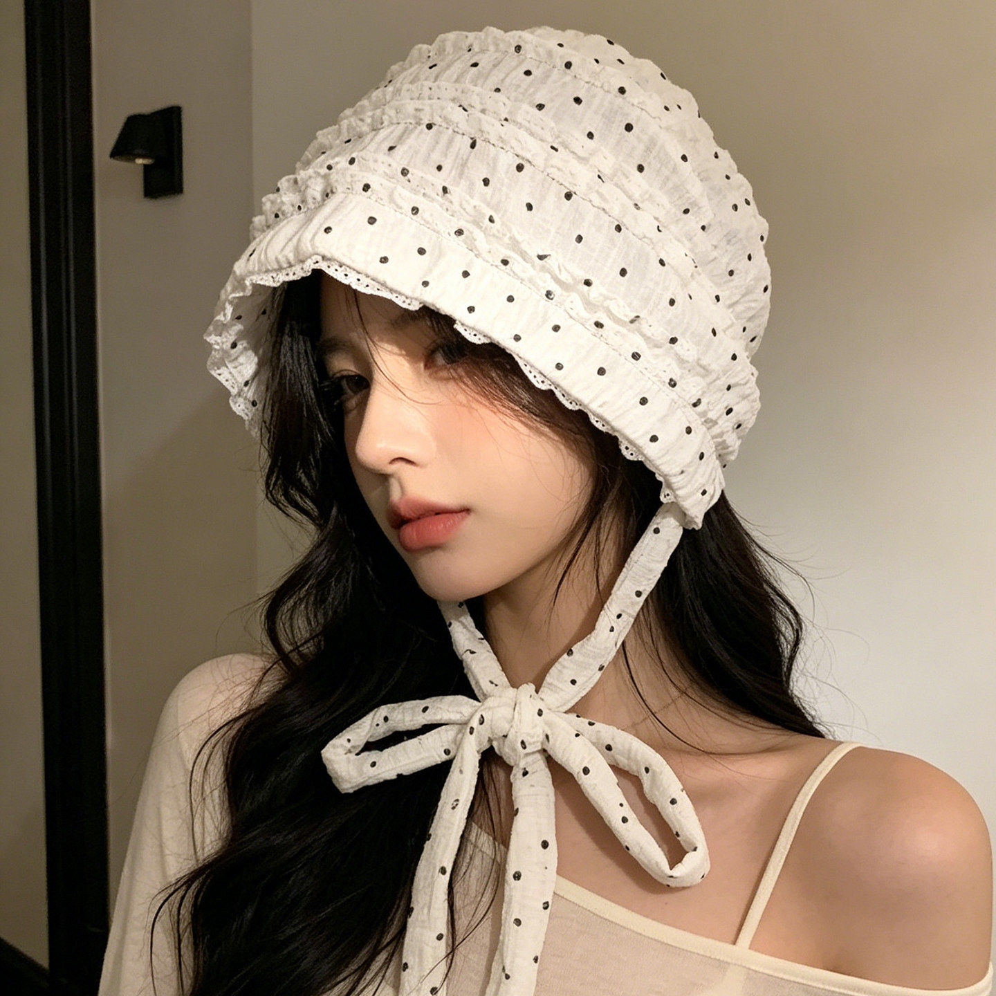 韩系芭蕾风波点蕾丝堆堆帽女夏