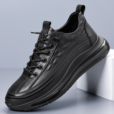 新款鳄鱼纹休闲爆米花运动皮鞋男黑色一脚蹬鞋男潮流一件代发