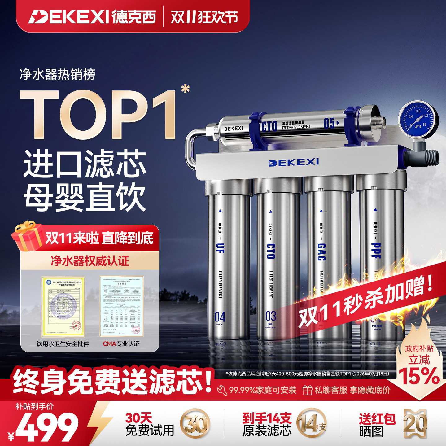 德国德克西政府补贴净水器家用富锶直饮厨房自来水厨下前置过滤器