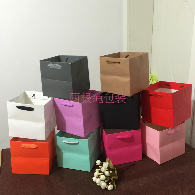 16*16*16cm小号方形宽底手提袋包装袋 空白彩色4寸蛋糕袋肉肉纸袋