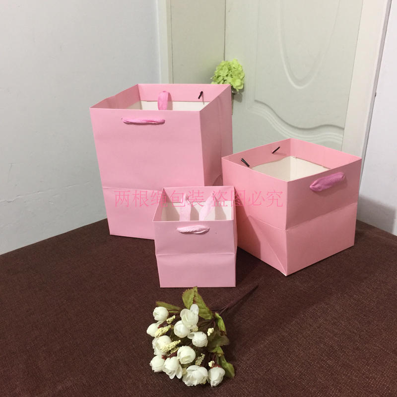 浅粉色手提袋 粉色方体袋加宽底包装袋礼品袋 蛋糕鲜花披萨打包袋