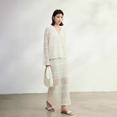 套装 桑蚕丝和纸纱镂空V领针织衫 时尚 女半身裙两件套2025新款 开衫