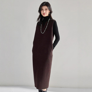 25秋冬季高级感灰色羊绒天丝羊毛双面呢通勤直筒宽松无袖连衣裙