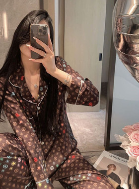 女高级感冰丝老花咖色睡衣女