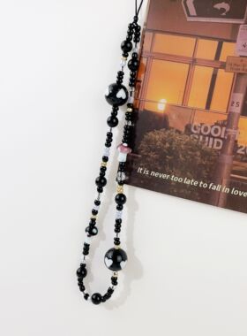 原创小众手工串珠黑紫色蘑菇手机链爱心配饰ccd相机挂绳y2k挂链