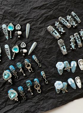 新款韩版精美y2k暗黑甜酷辣妹lo风蓝色时尚中长款穿戴甲甲片