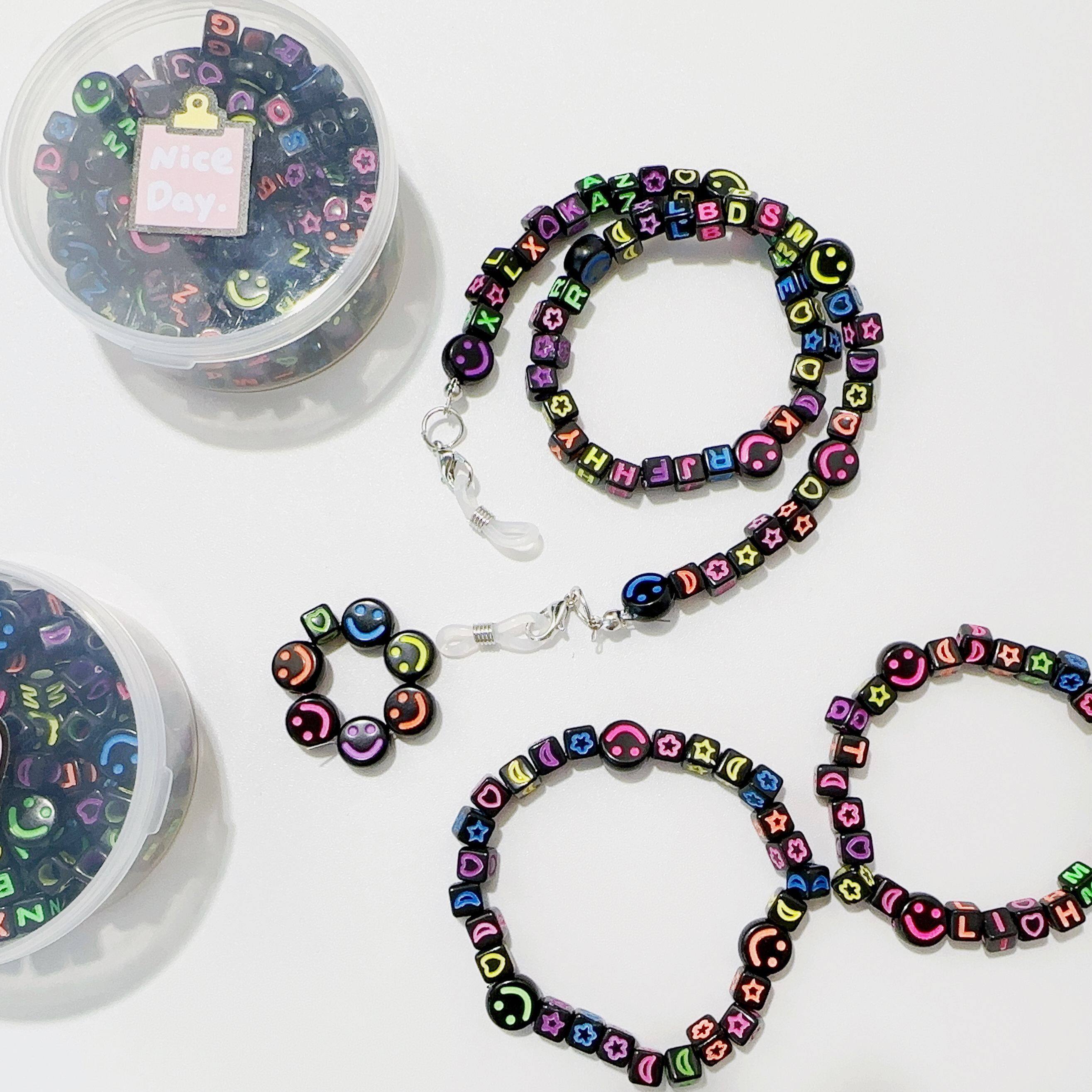暗黑风荧光彩色字母笑脸材料盒做口罩链眼镜链手机链项链手链diy