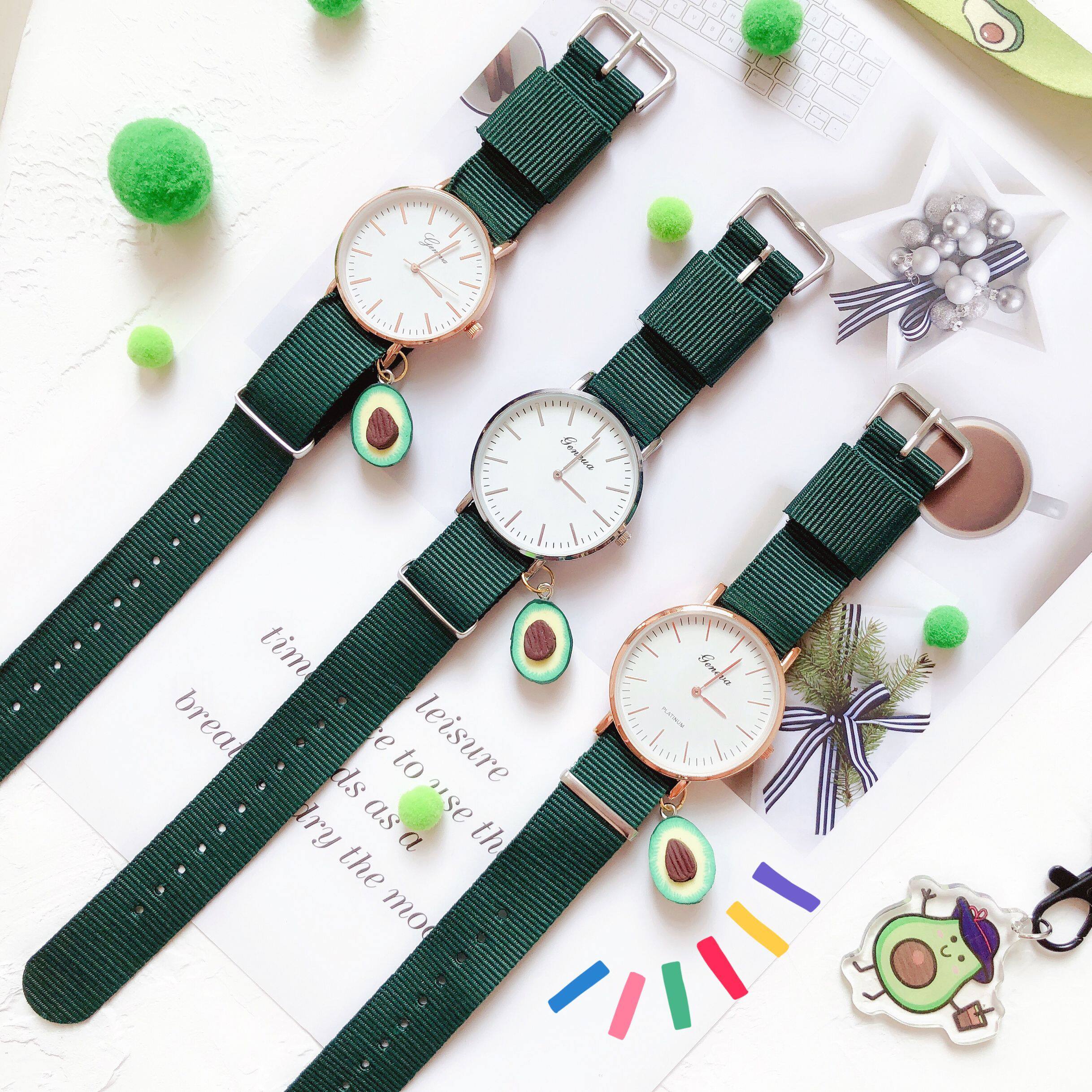 蓝染自制原创牛油果绿色手表复古大表盘圆表情侣表百搭款