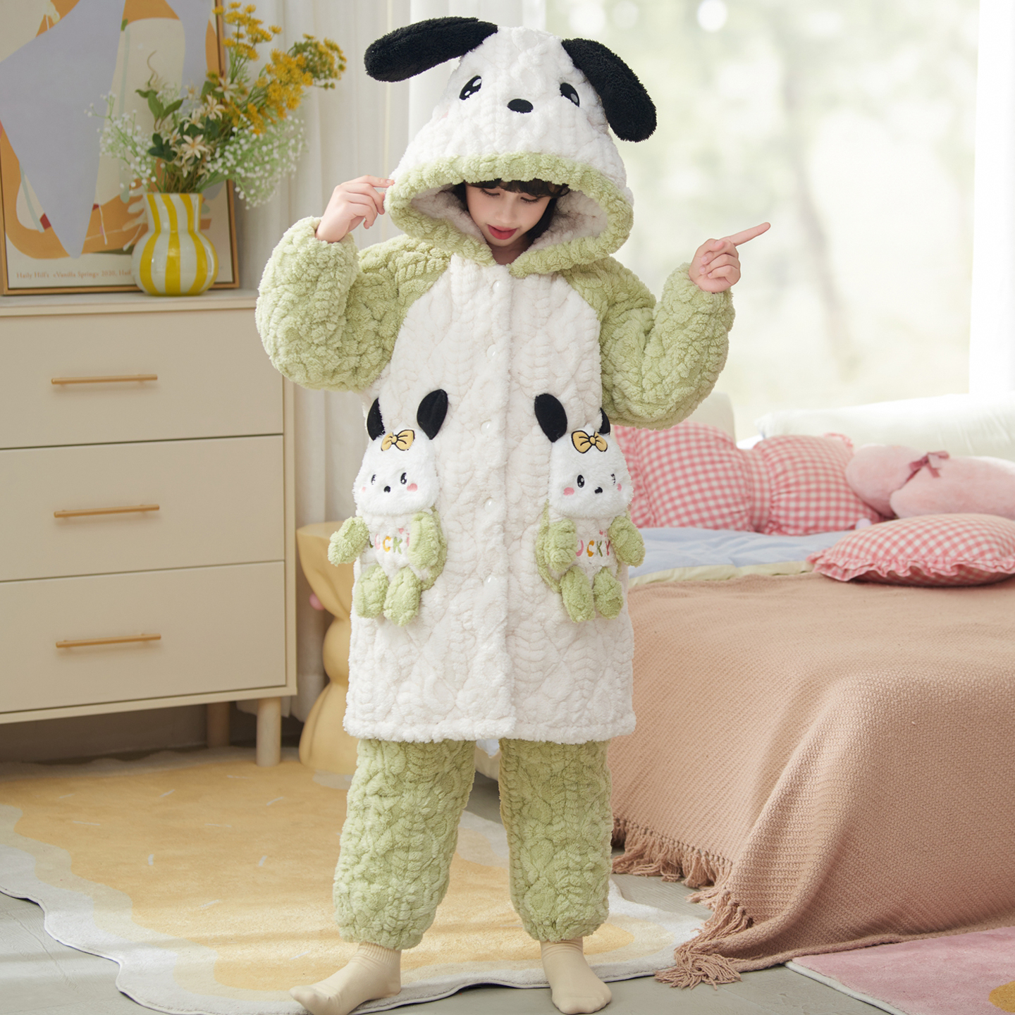 儿童睡衣女童冬季加绒加厚家居服法兰绒三层加棉中大童珊瑚绒冬装