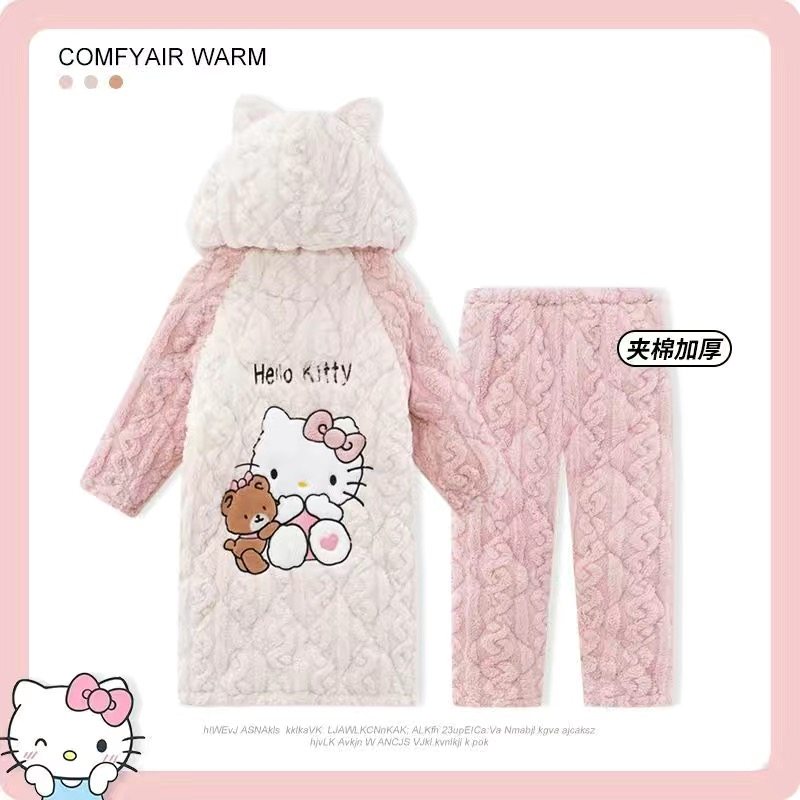 睡袍女秋冬季2026新款珊瑚绒三层夹棉加厚家居服女士大码睡衣套装