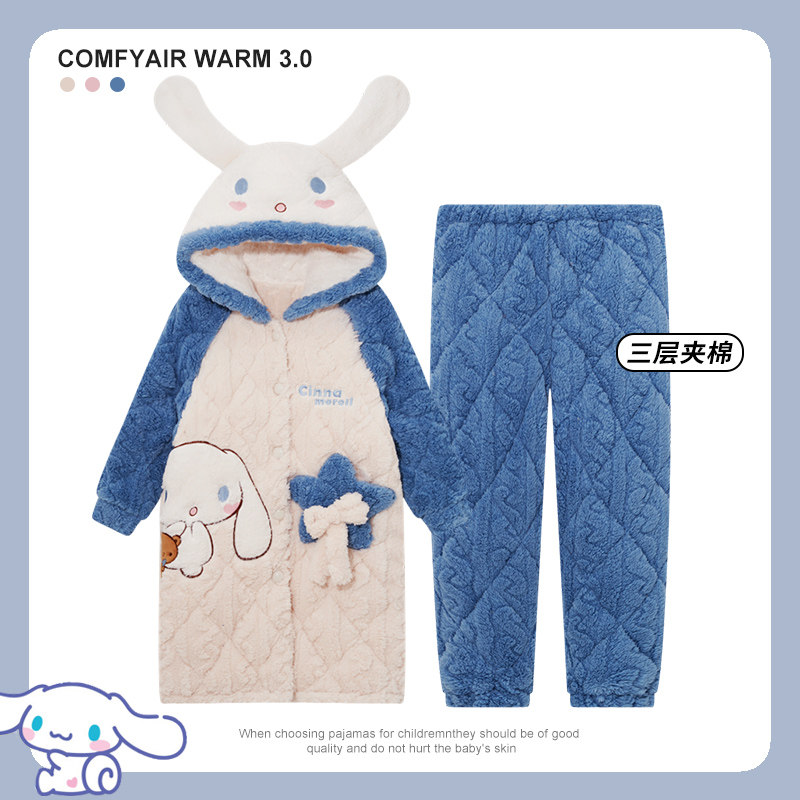 儿童加厚睡衣冬季珊瑚绒睡袍三层夹棉长款玉桂狗法兰绒女童家居服