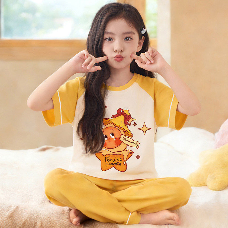 女童睡衣夏季纯棉薄款短袖长裤中大童空调服小香风儿童家居服套装