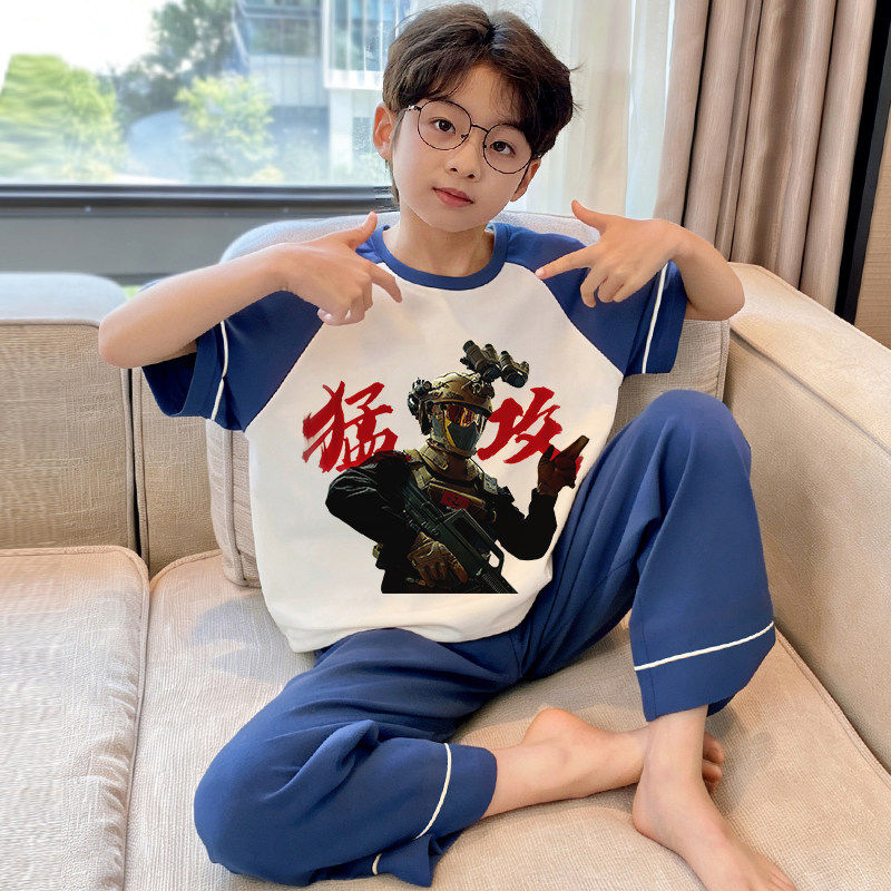男童睡衣薄款短袖长裤纯棉透气中大童套装男孩儿童家居服春夏季