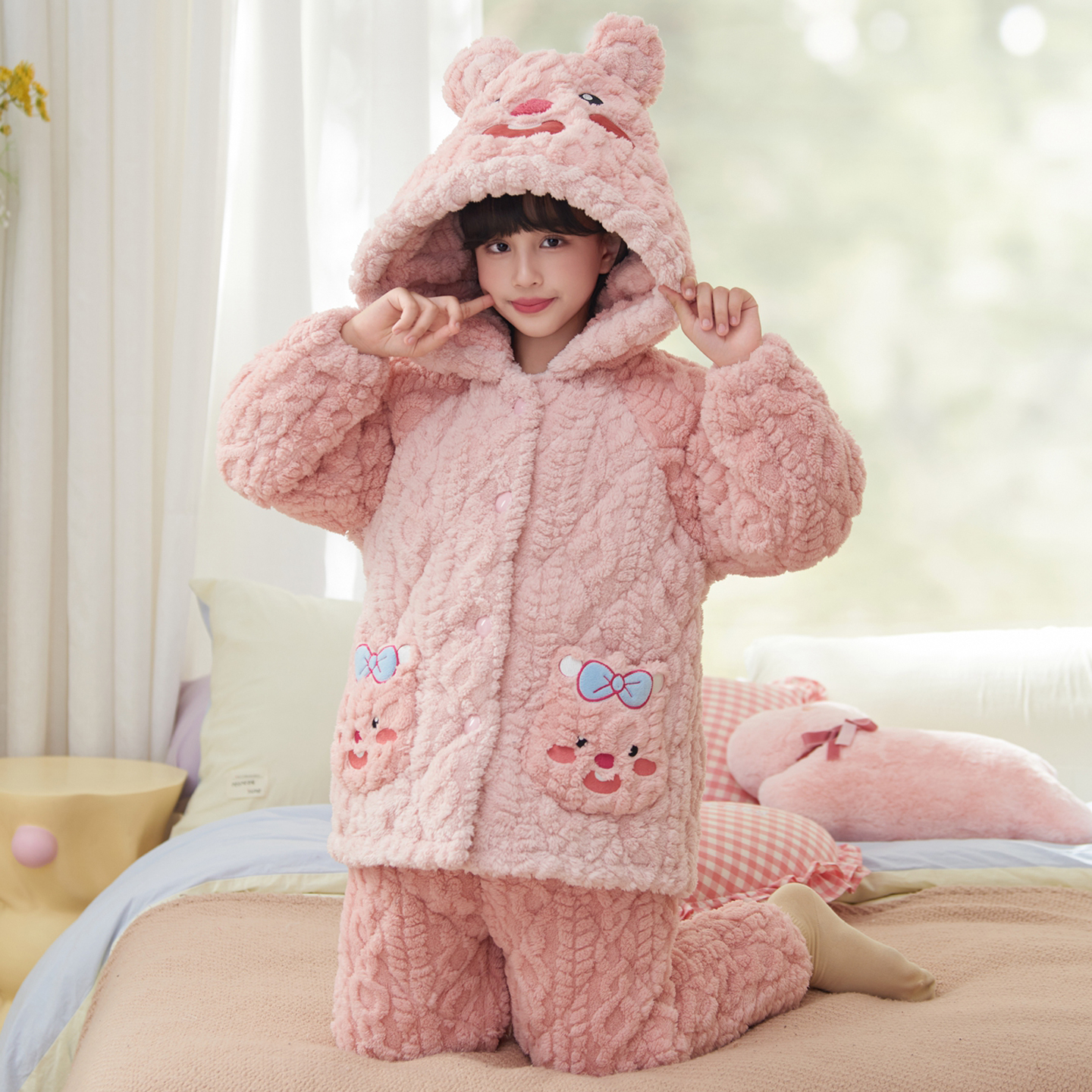 女童秋冬季睡衣三层夹棉珊瑚绒冬款儿童女孩2025新款加厚款家居服