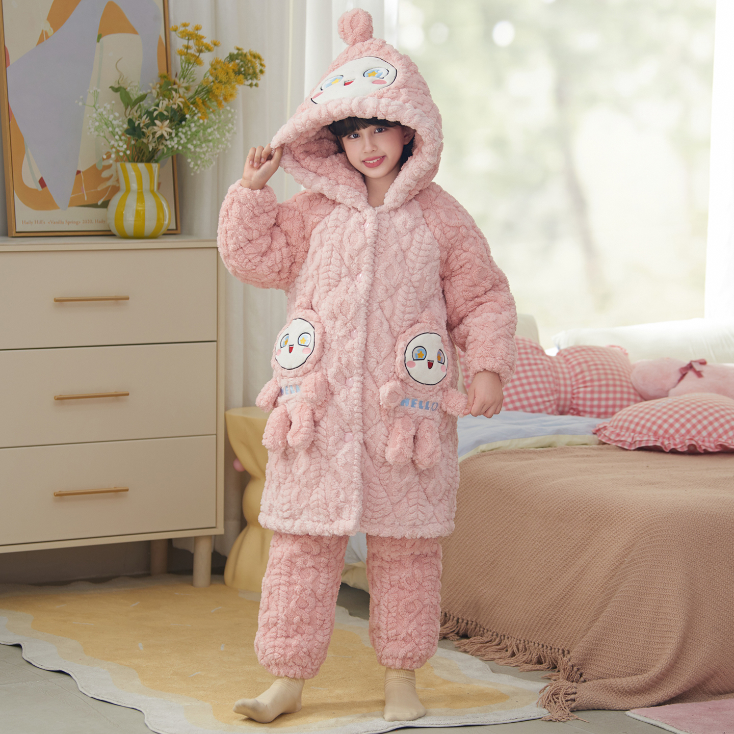 儿童睡衣冬加厚女童三层夹棉家居服法兰绒中大童小女孩冬装珊瑚绒