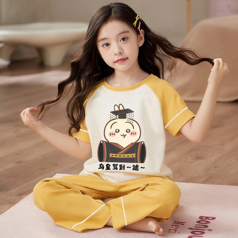 纯棉女童睡衣新款夏季薄款短袖长裤家居服套装爆款中大童女孩空调