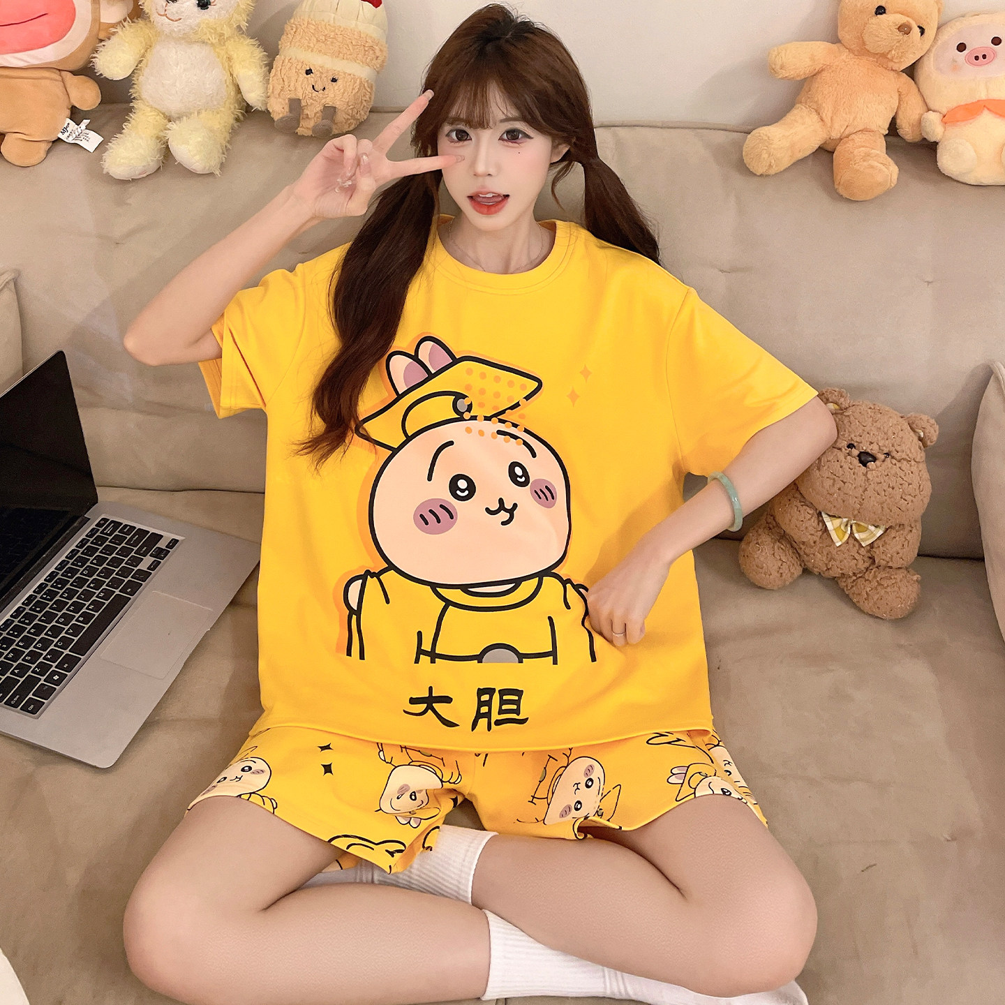 胖mm女孩初中学生纯棉夏季短袖短裤睡衣中大童卡通抽象家居服套装