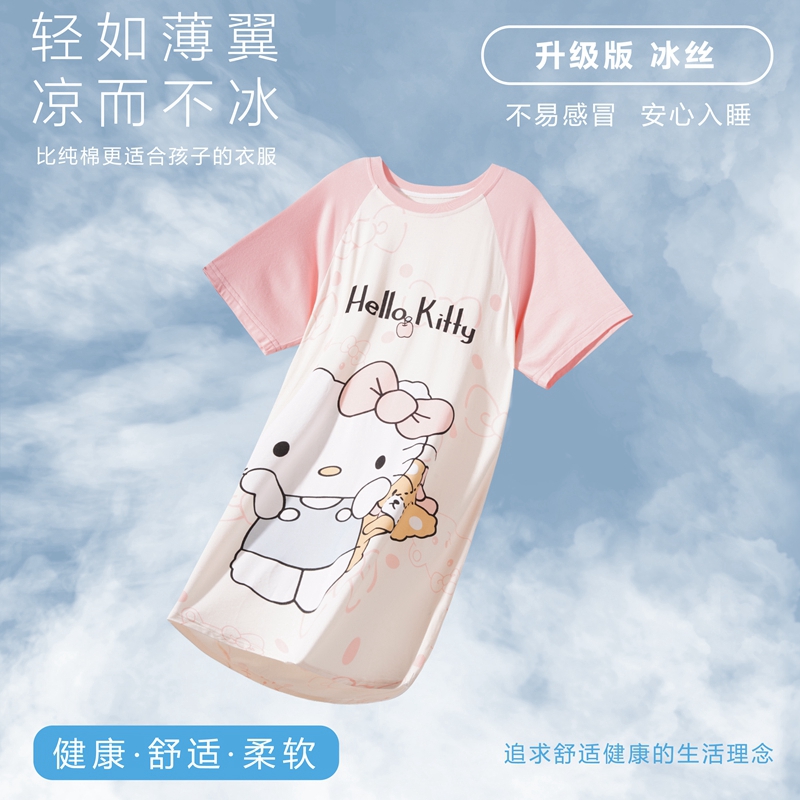 新款女童睡裙儿童夏季薄款短袖可爱卡通KT猫大童睡衣家居服可外穿