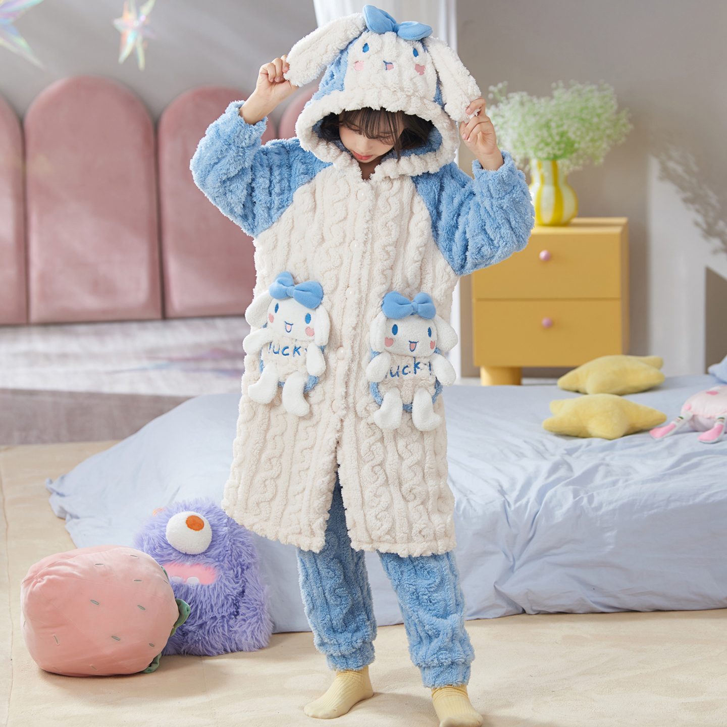 冬季珊瑚绒玉桂狗儿童睡袍套装女童睡衣加厚可爱保暖浴袍家居服