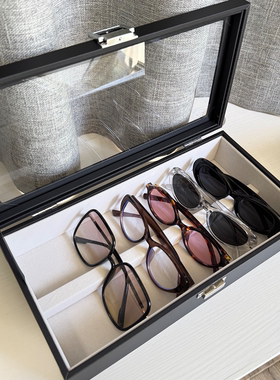 大容量眼镜盒高级黑色PU皮绒布墨镜盒透明玻璃太阳眼镜展示放置架