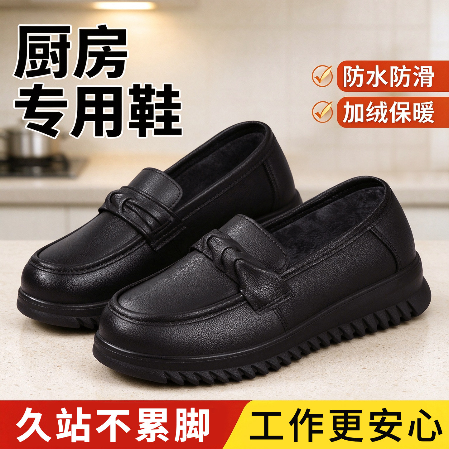 肯德基防滑工作鞋女棉鞋保暖冬季加绒厨房上班餐饮防水黑色妈妈鞋