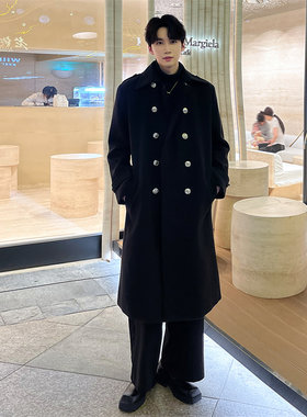 冬季毛呢大衣男中长款过膝风衣商务迎宾工作服暗黑加厚双排扣外套