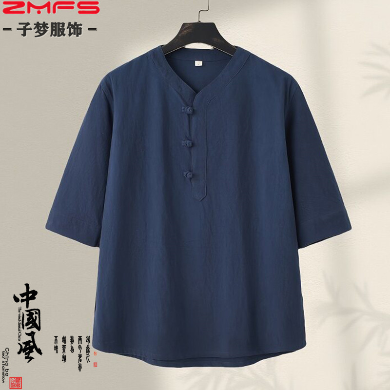 棉麻短袖t恤男中国风休闲半袖复古中式盘扣汉服禅茶服中袖五分袖