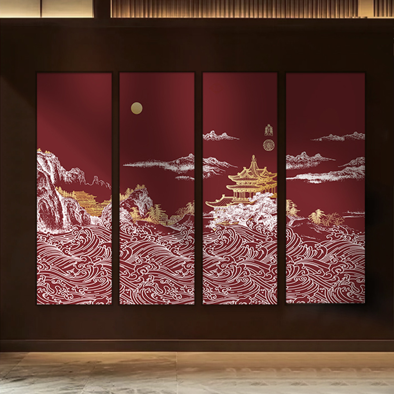 中国红新中式客厅沙发背景墙装饰画酒店别墅建筑风景挂画茶室壁画